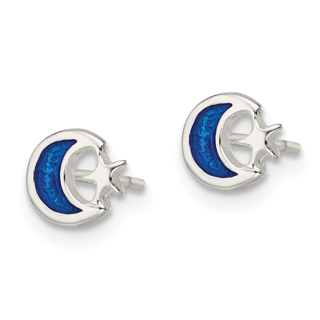 Sterling Silver Polished Blue Enamel Moon & Star Children'S Post Earrings