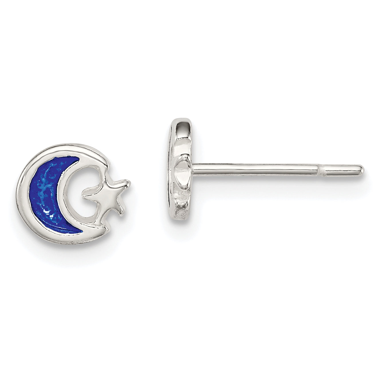 Sterling Silver Polished Blue Enamel Moon & Star Children'S Post Earrings