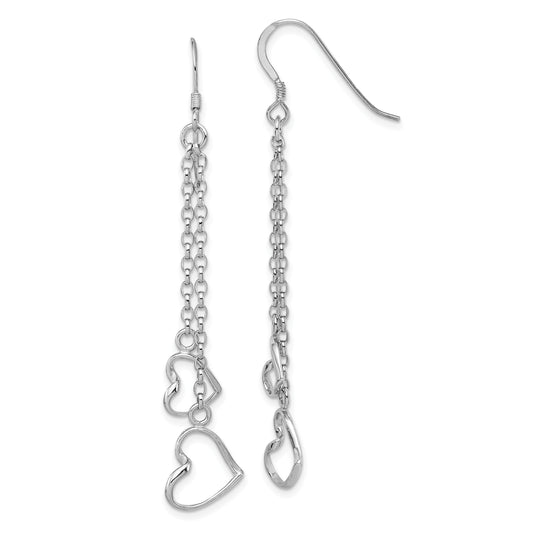 Sterling Silver Rhodium-Plated Heart Dangle Shepherd Hook Earrings