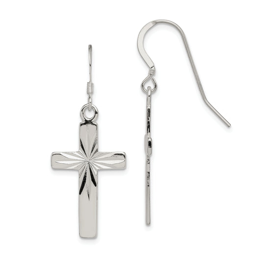 Sterling Silver Polished & Diamond-Cut Latin Cross Dangle Earrings