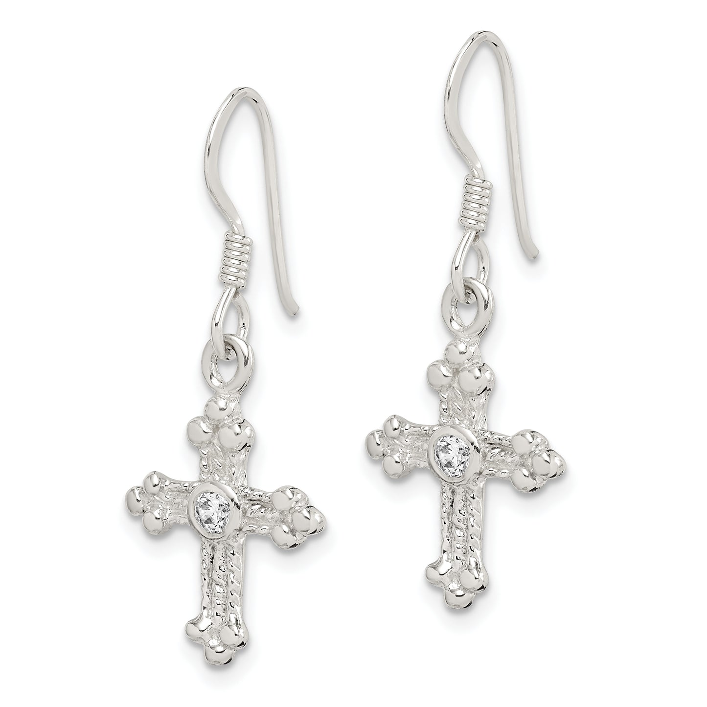 Sterling Silver Polished & Textured Cz Budded Cross Dangle Earrings