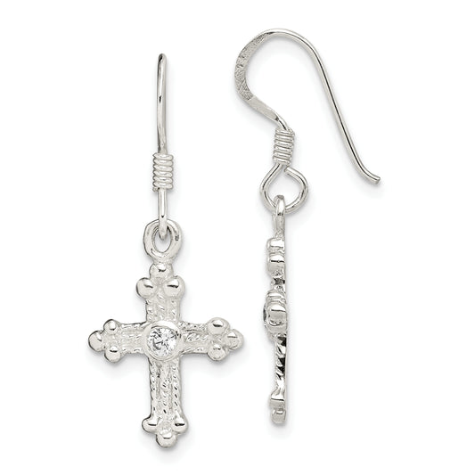 Sterling Silver Polished & Textured Cz Budded Cross Dangle Earrings