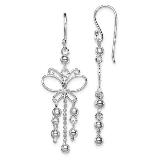 Sterling Silver Rhodium-Plated Beaded Butterfly Dangle Earrings