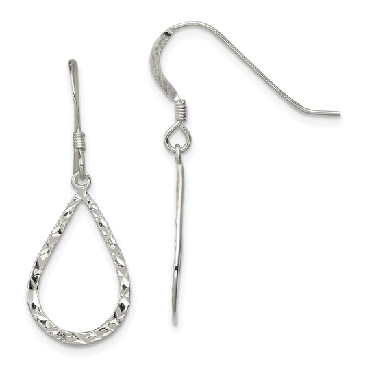 Sterling Silver Polished & D/C Teardrop Dangle Shepherd Hook Earrings