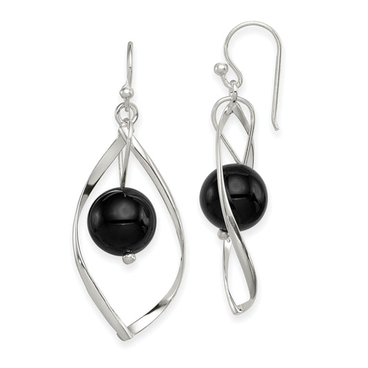 Sterling Silver Polished Onyx Twisted Dangle Earrings