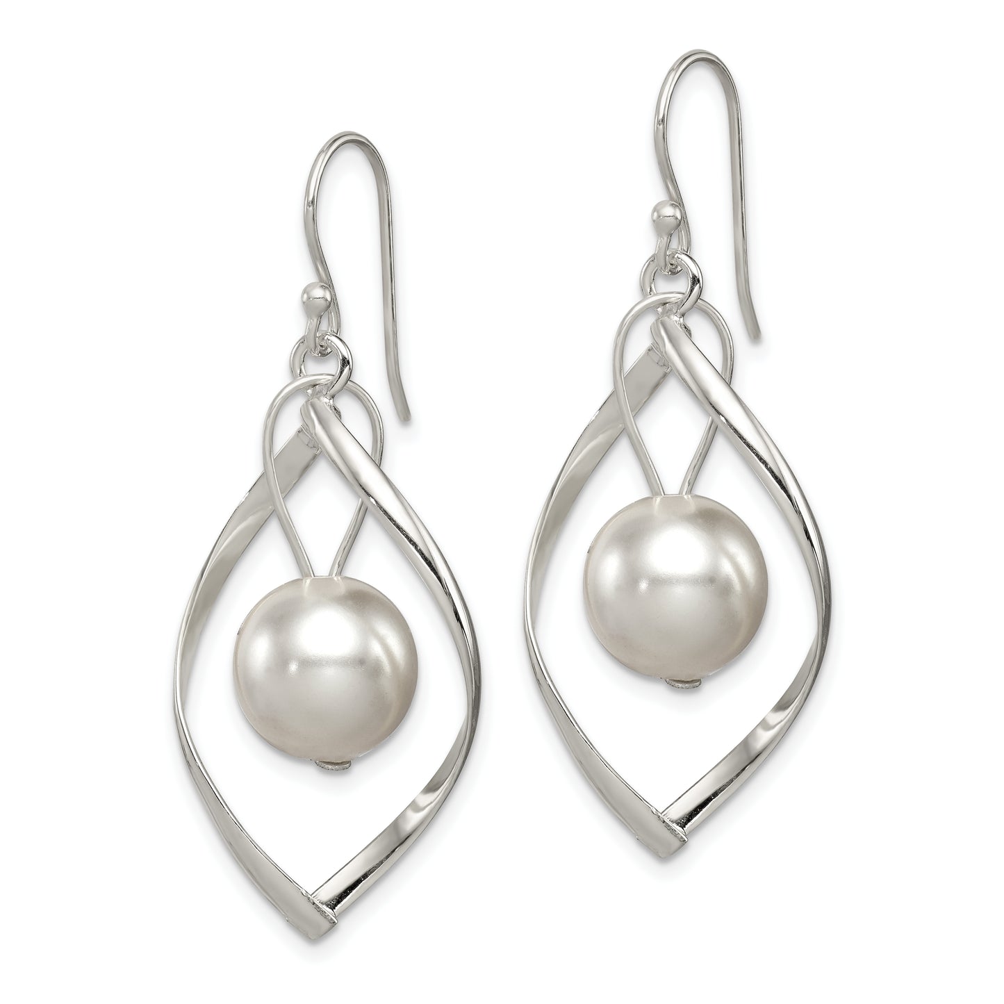 Sterling Silver Polished Simulated Pearl Twisted Dangle Earrings