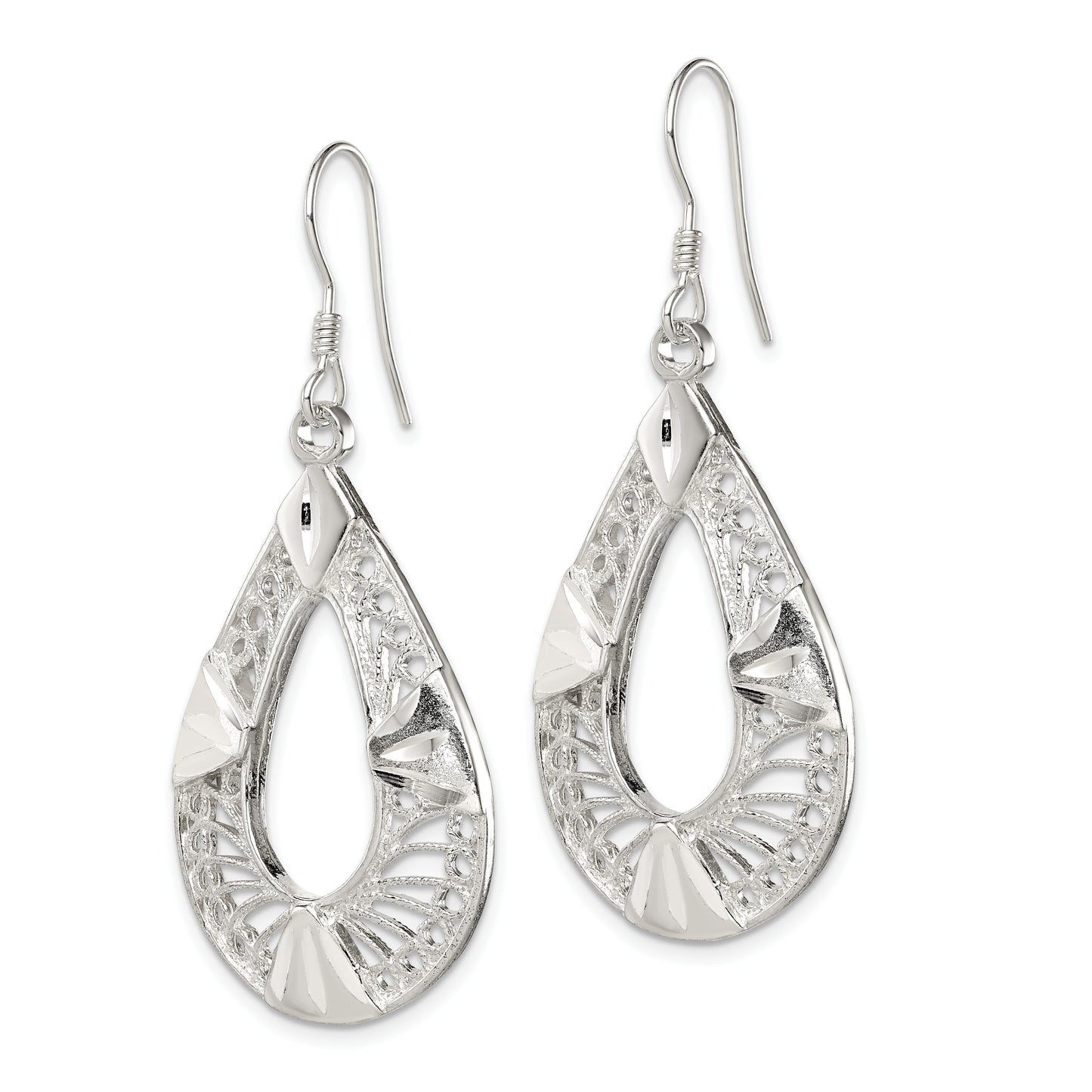 Sterling Silver Polished D/C Filigree Fancy Teardrop Dangle Earrings