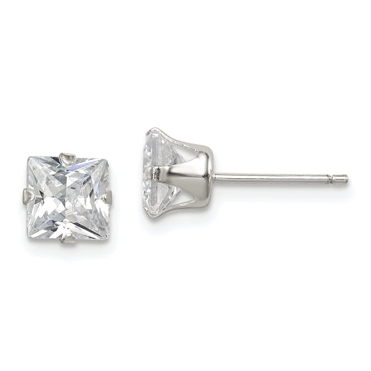 Sterling Silver Polished Princess 6mm Cz Snap Set Stud Earrings