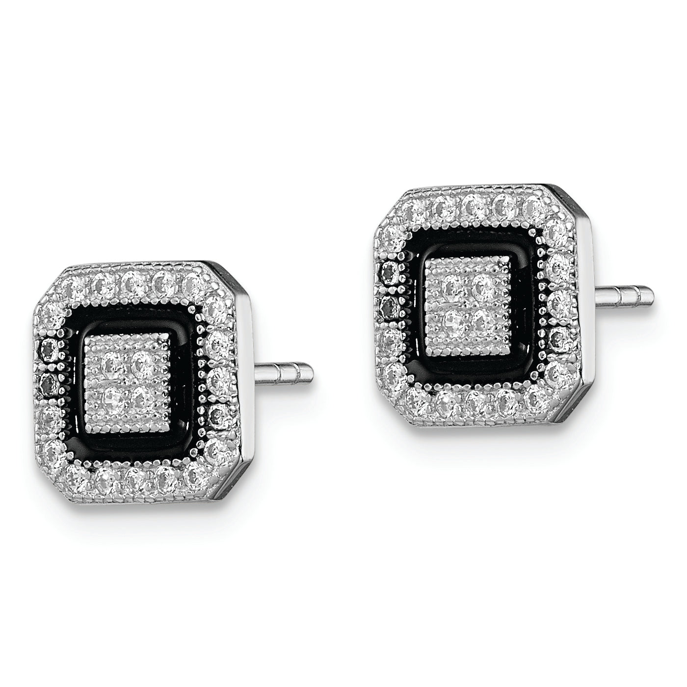 Sterling Silver Rh-Plated Black Enamel & Pav Cz Square Halo Post Earrings