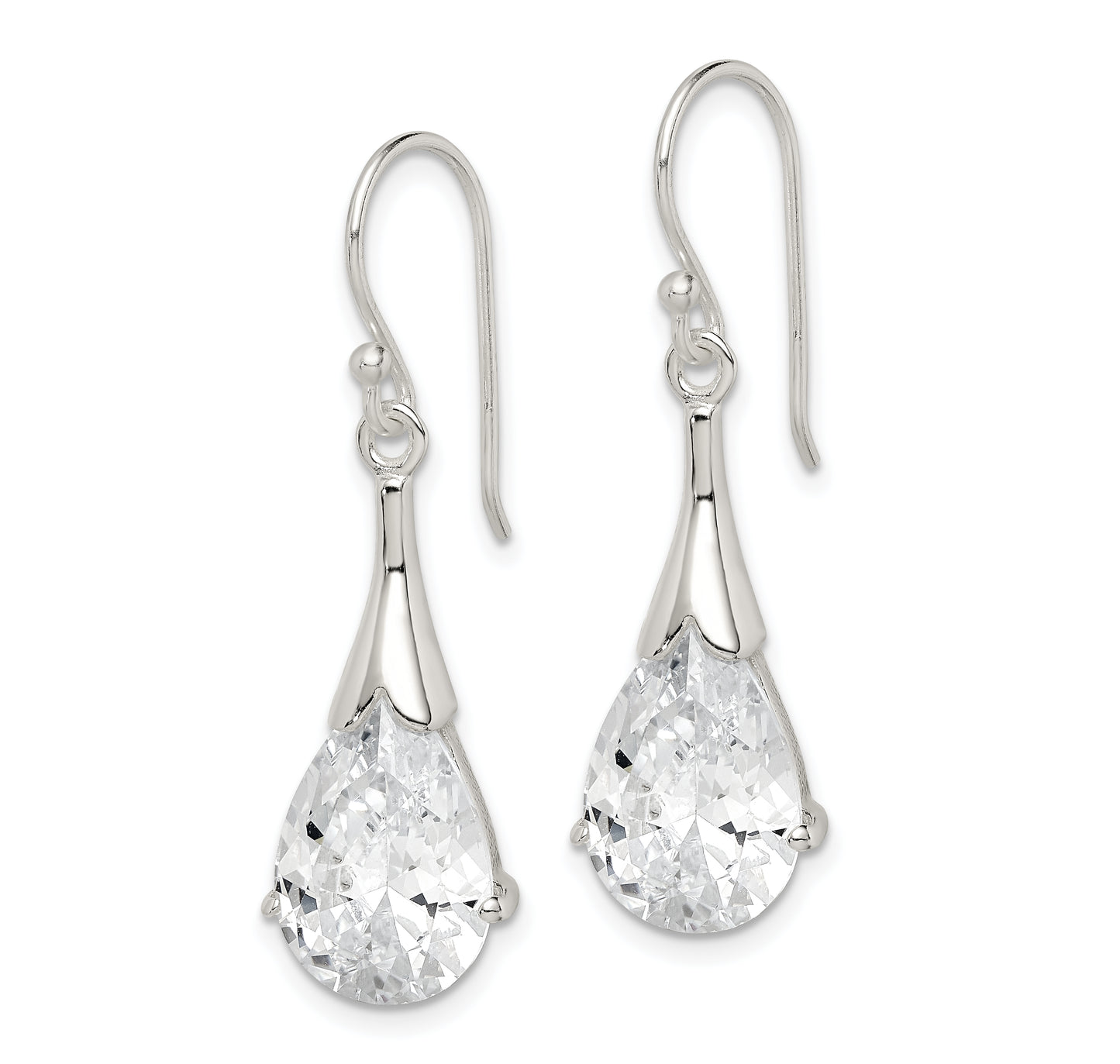 Sterling Silver Polished Cz Teardrop Dangle Earrings