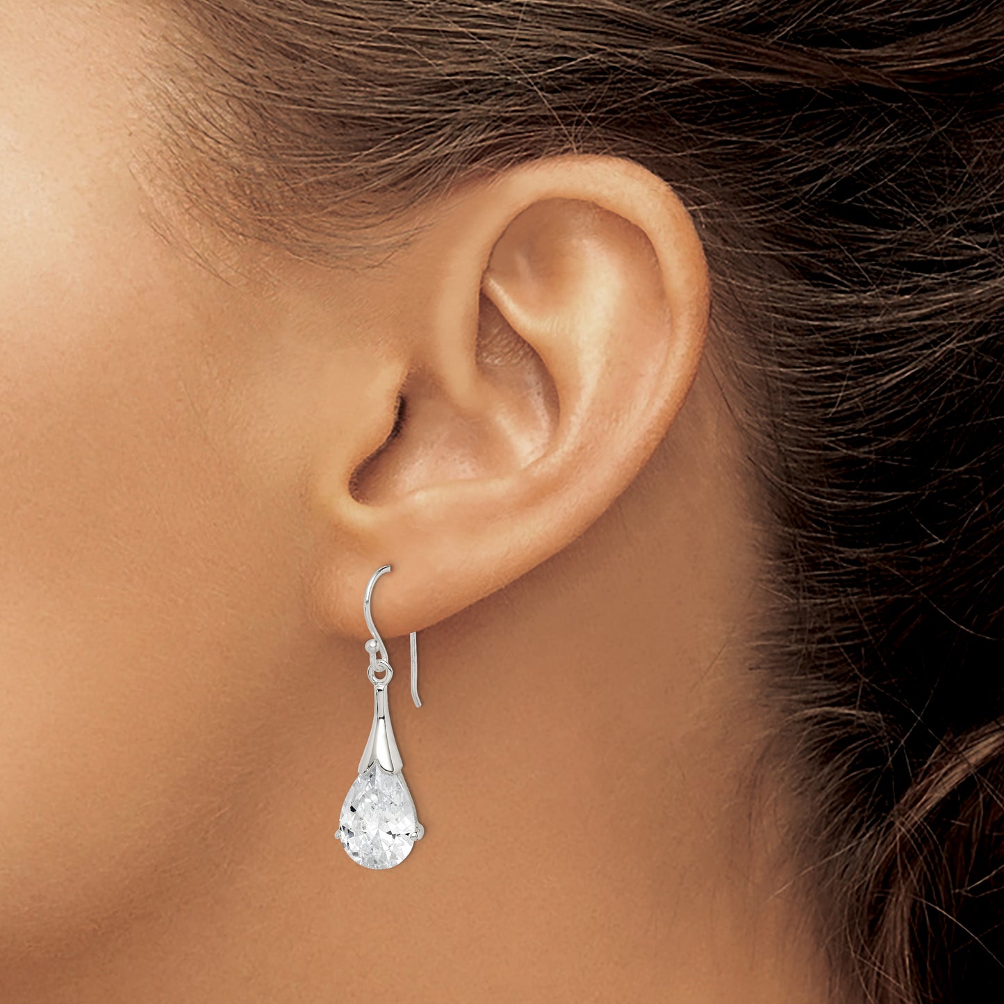 Sterling Silver Polished Cz Teardrop Dangle Earrings