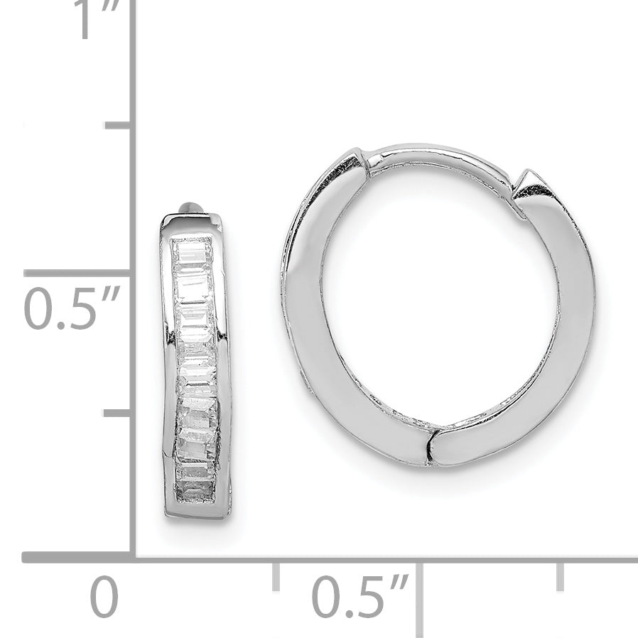 Sterling Silver Rhodium-Plated Cz Baguette Hinged Hoop Earrings