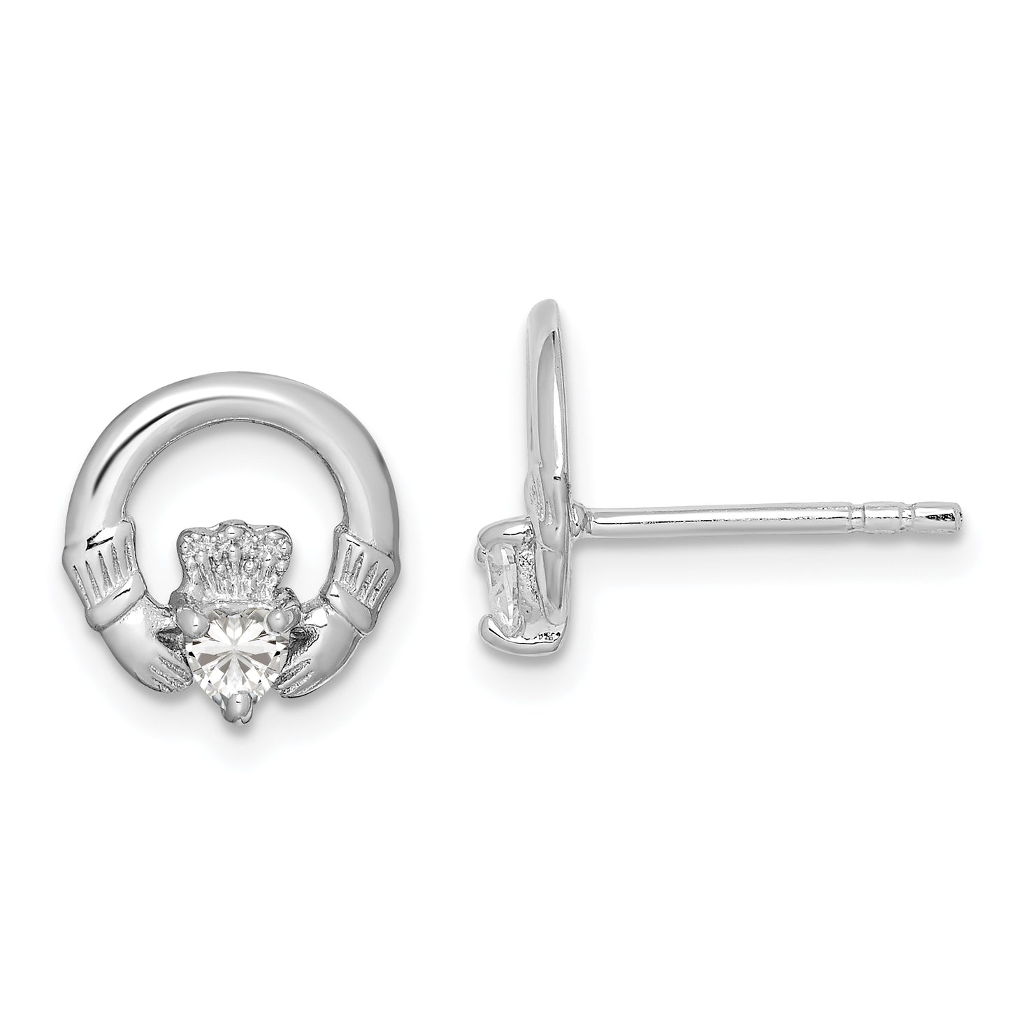 Sterling Silver Rhodium-Plated Cz Heart Claddagh Post Earrings