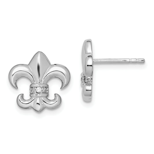 Sterling Silver Rhodium-Plated Polished Cz Fleur De Lis Post Earrings