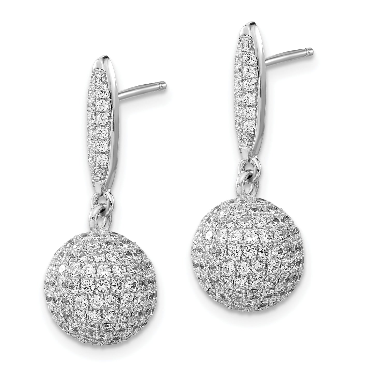 Sterling Silver Rhodium-Plated Pav Cz 3-D Ball Post Dangle Earrings