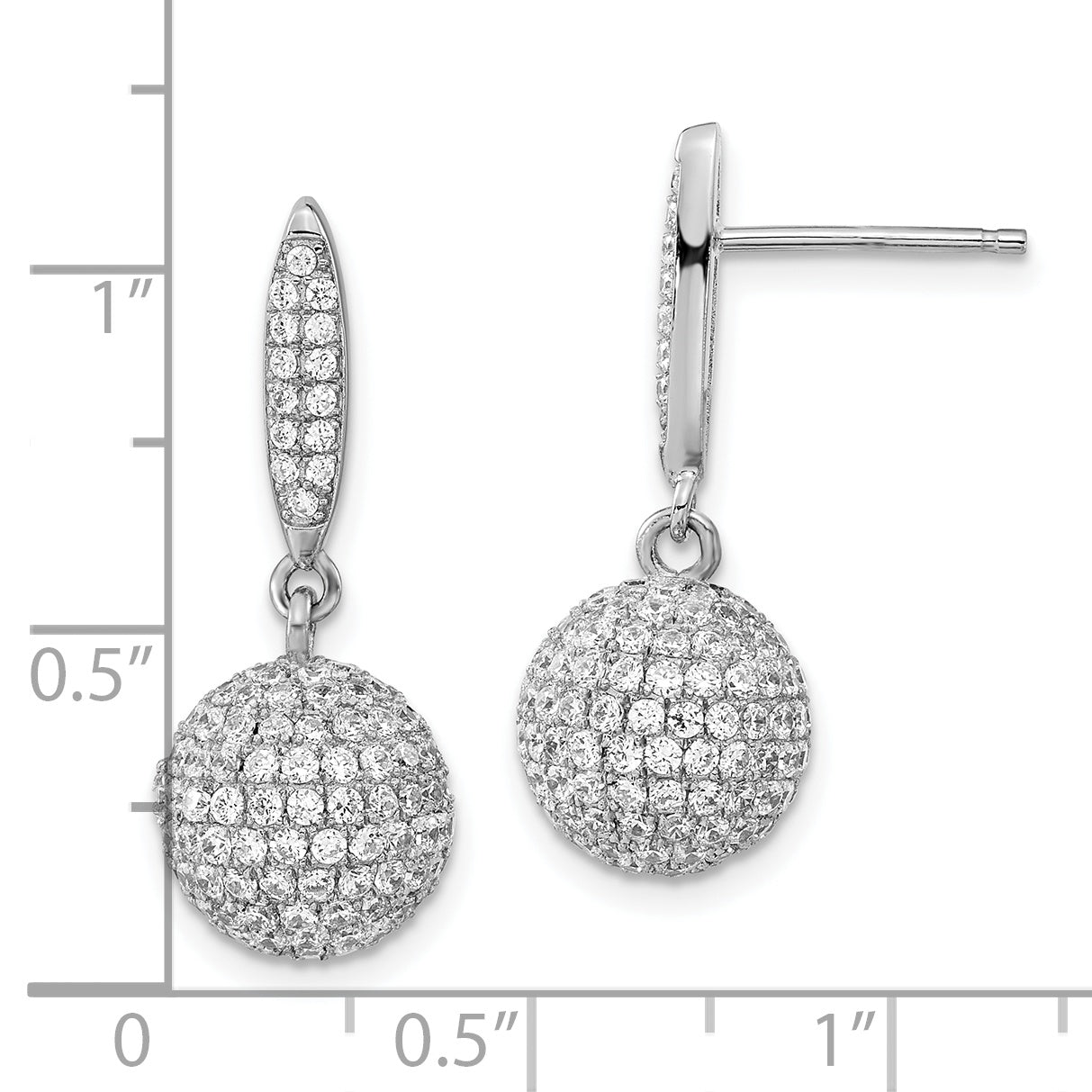 Sterling Silver Rhodium-Plated Pav Cz 3-D Ball Post Dangle Earrings