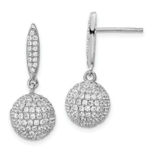 Sterling Silver Rhodium-Plated Pav Cz 3-D Ball Post Dangle Earrings