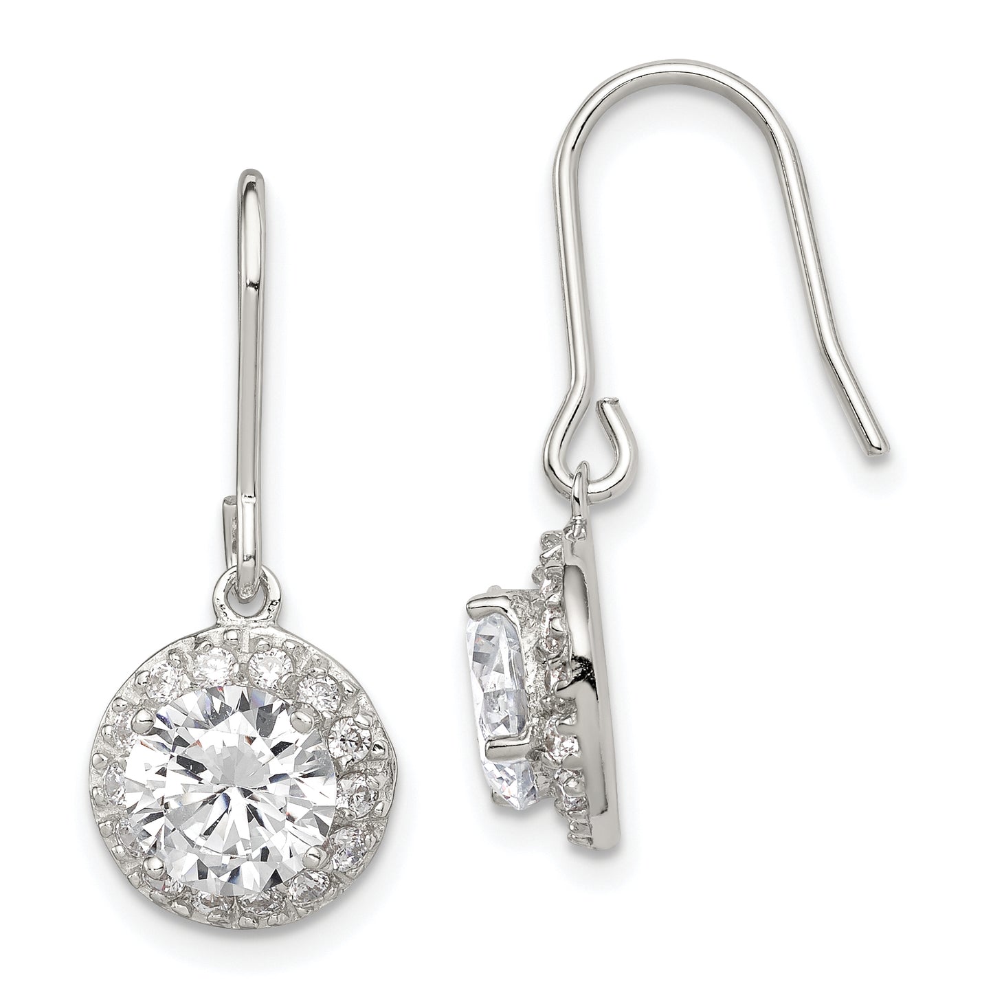 Sterling Silver Rhodium-Plated Polished Round Cz Halo Dangle Earrings