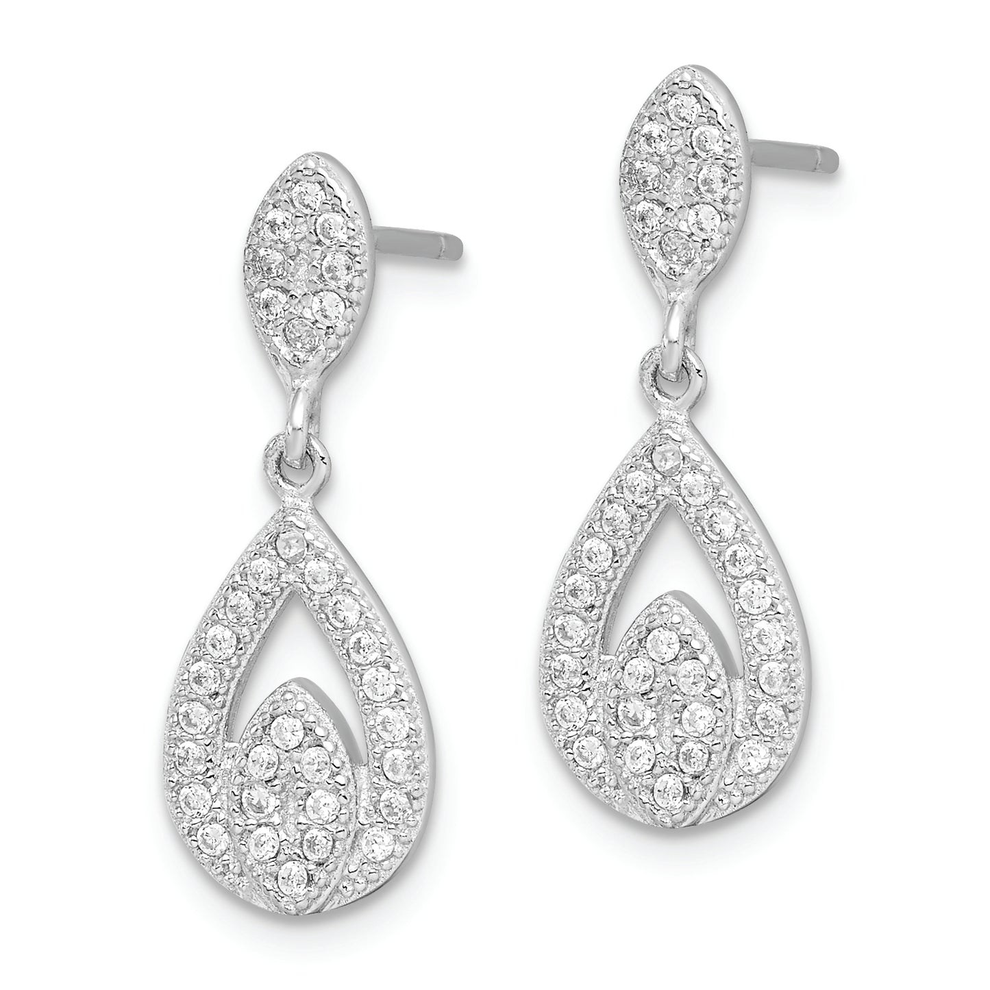 Sterling Silver Rhodium-Plated Cz Pav Pear Dangle Post Earrings