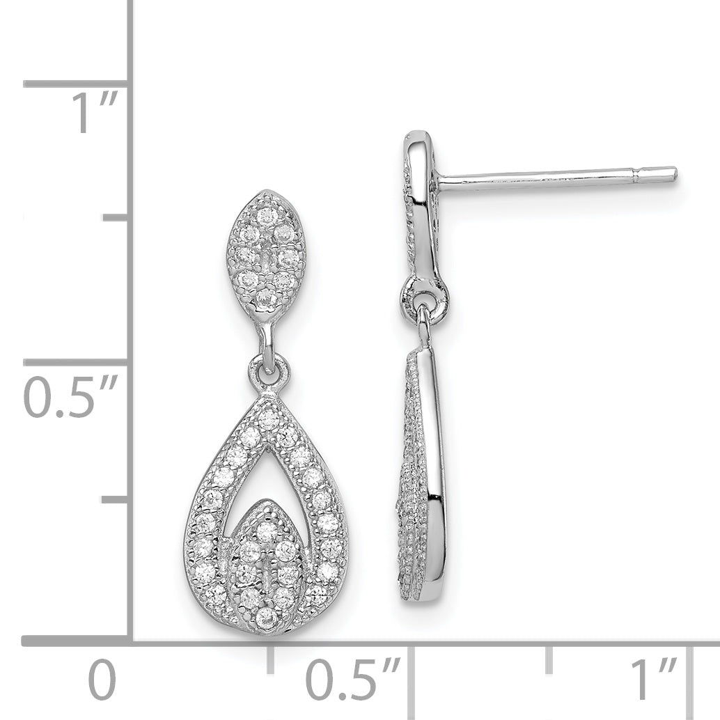 Sterling Silver Rhodium-Plated Cz Pav Pear Dangle Post Earrings