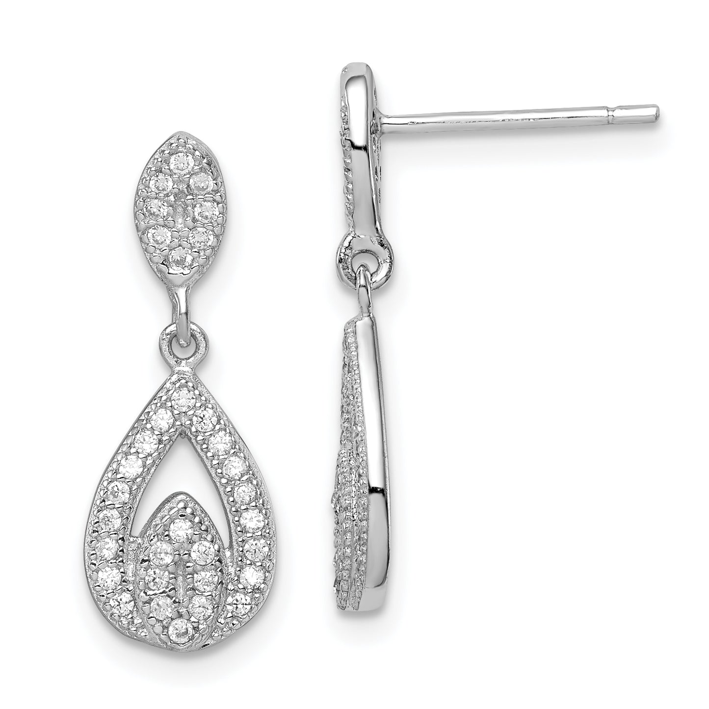 Sterling Silver Rhodium-Plated Cz Pav Pear Dangle Post Earrings