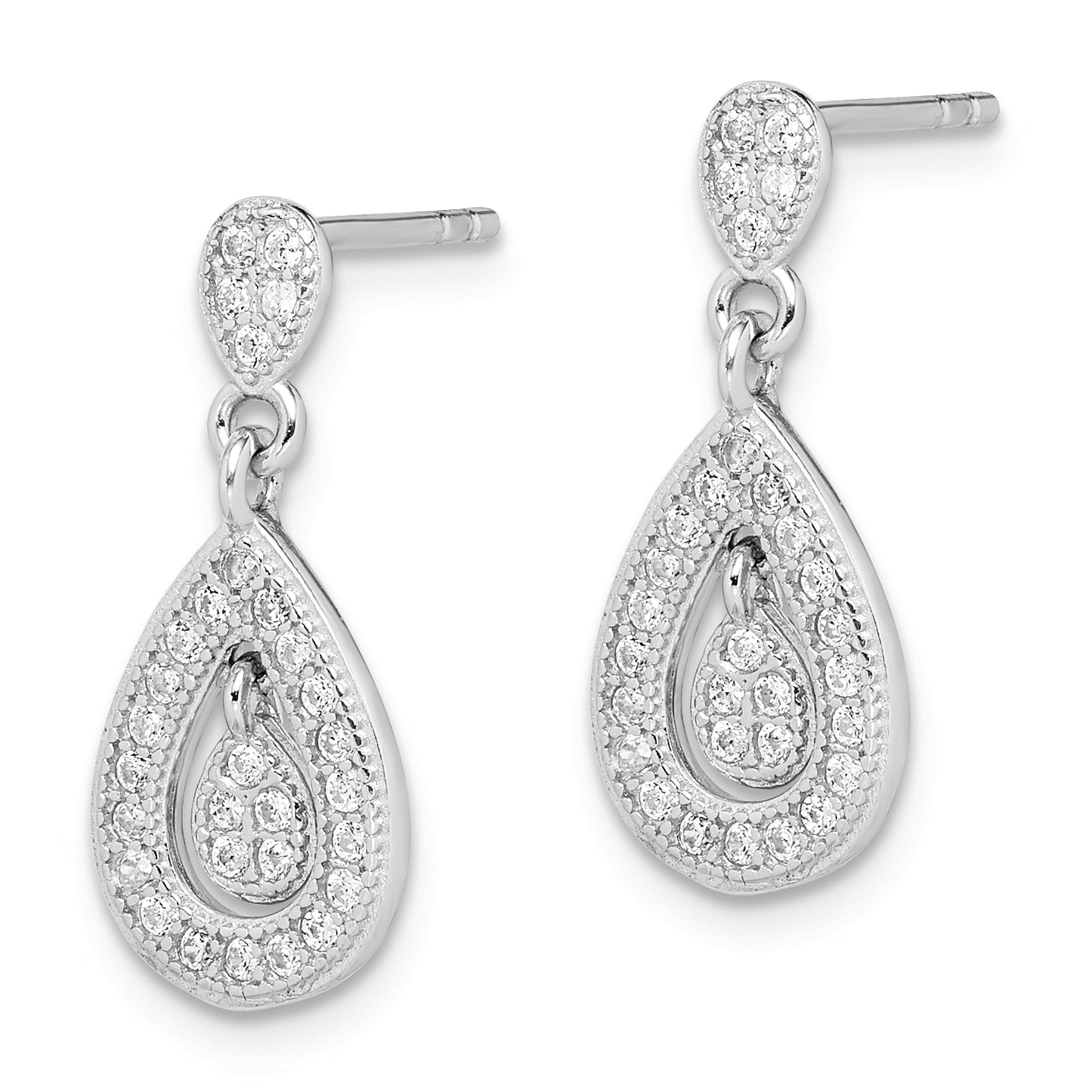 Sterling Silver Rhodium-Plated Cz Pav Pear Dangle Post Earrings