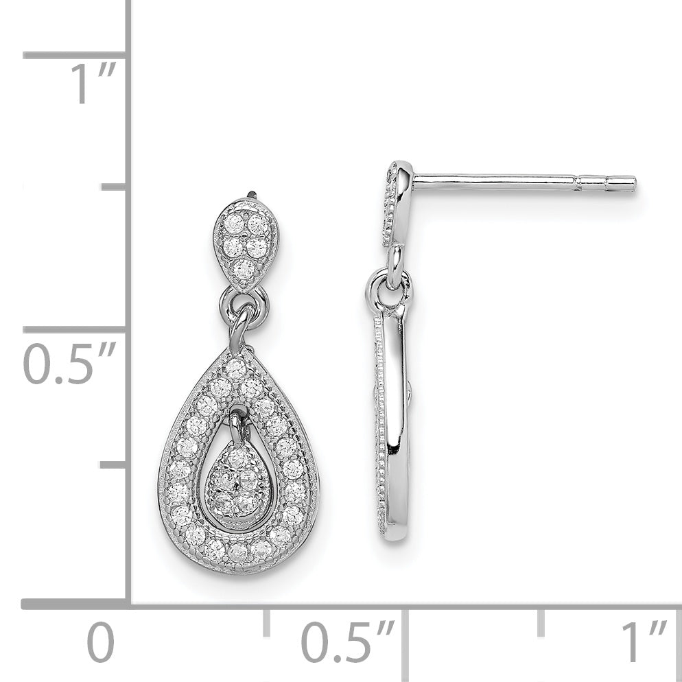 Sterling Silver Rhodium-Plated Cz Pav Pear Dangle Post Earrings