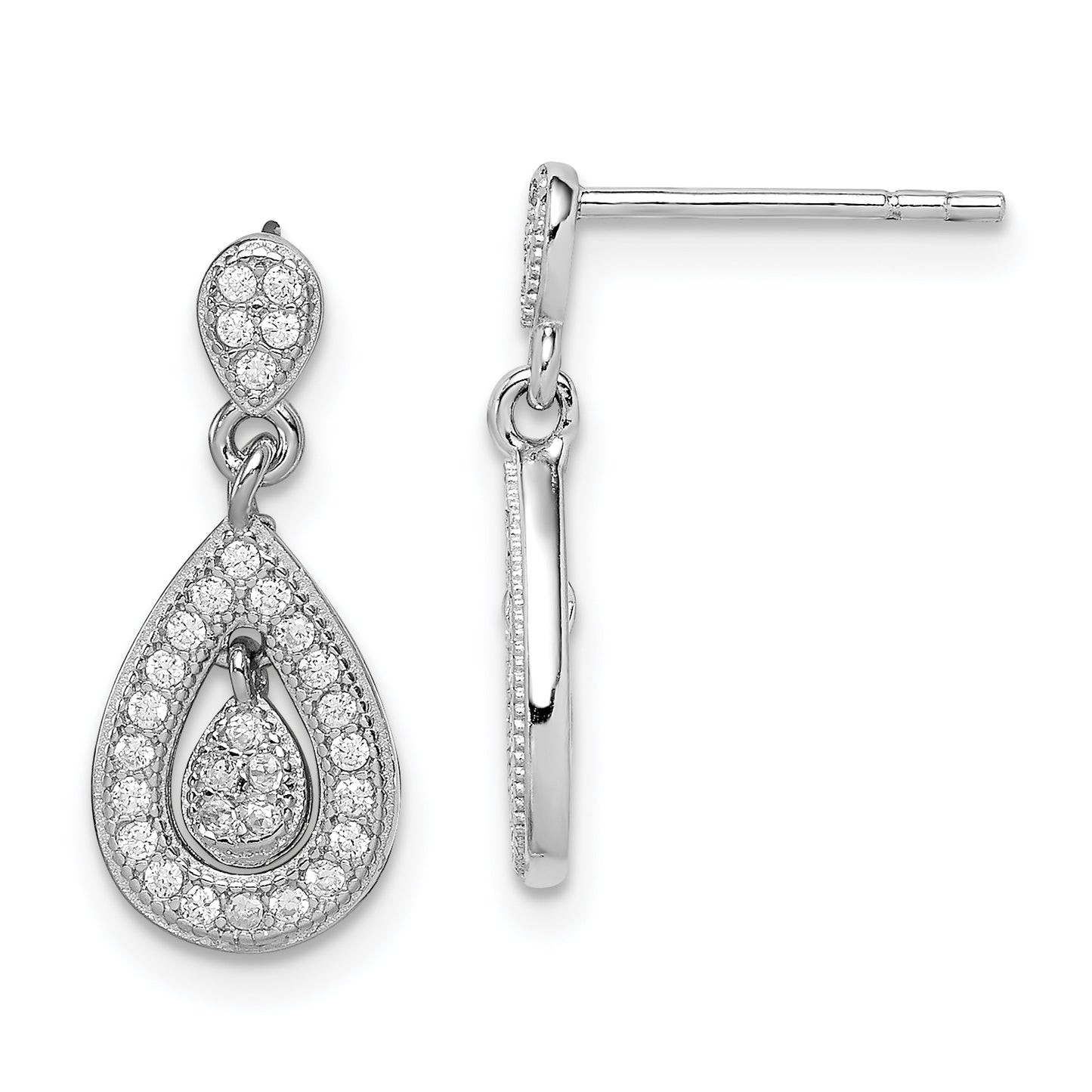 Sterling Silver Rhodium-Plated Cz Pav Pear Dangle Post Earrings