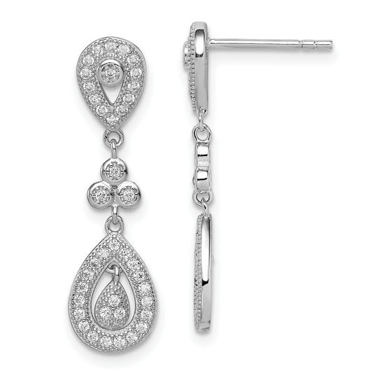 Sterling Silver Rhodium-Plated Cz Pav Pear Dangle Post Earrings