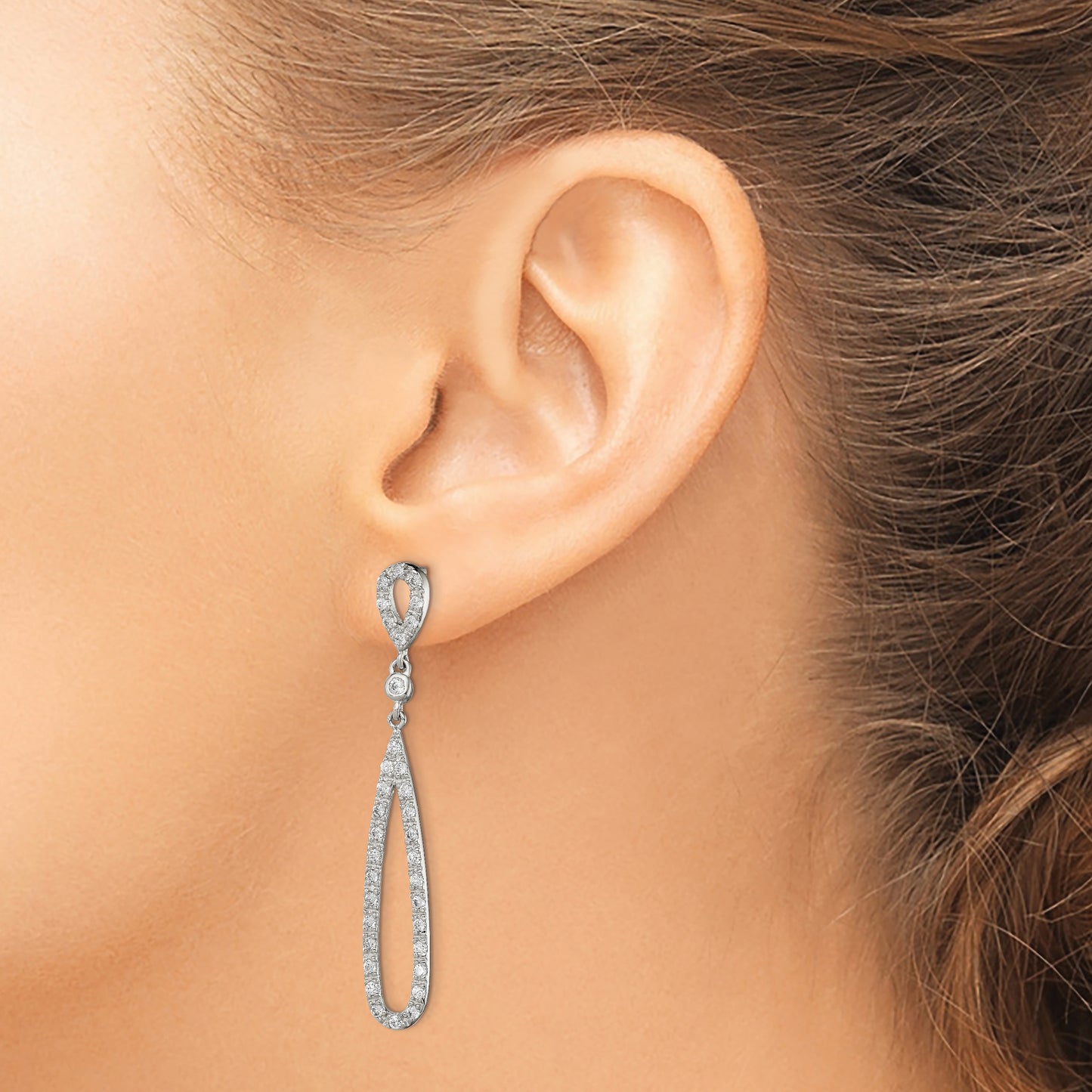 Sterling Silver Rhodium-Plated Polished Cz Teardrop Post Dangle Earrings