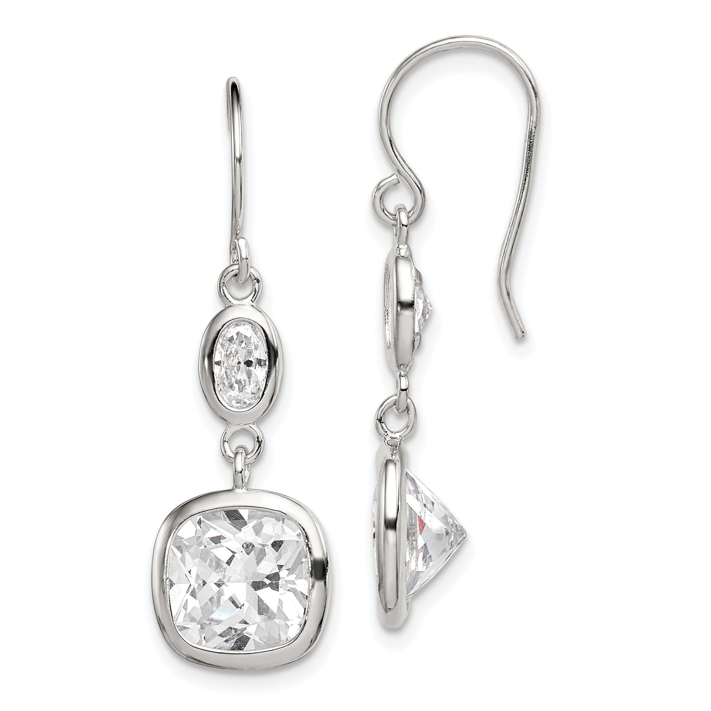 Sterling Silver Rhodium-Plated Polished Oval & Square Cz Dangle Earrings