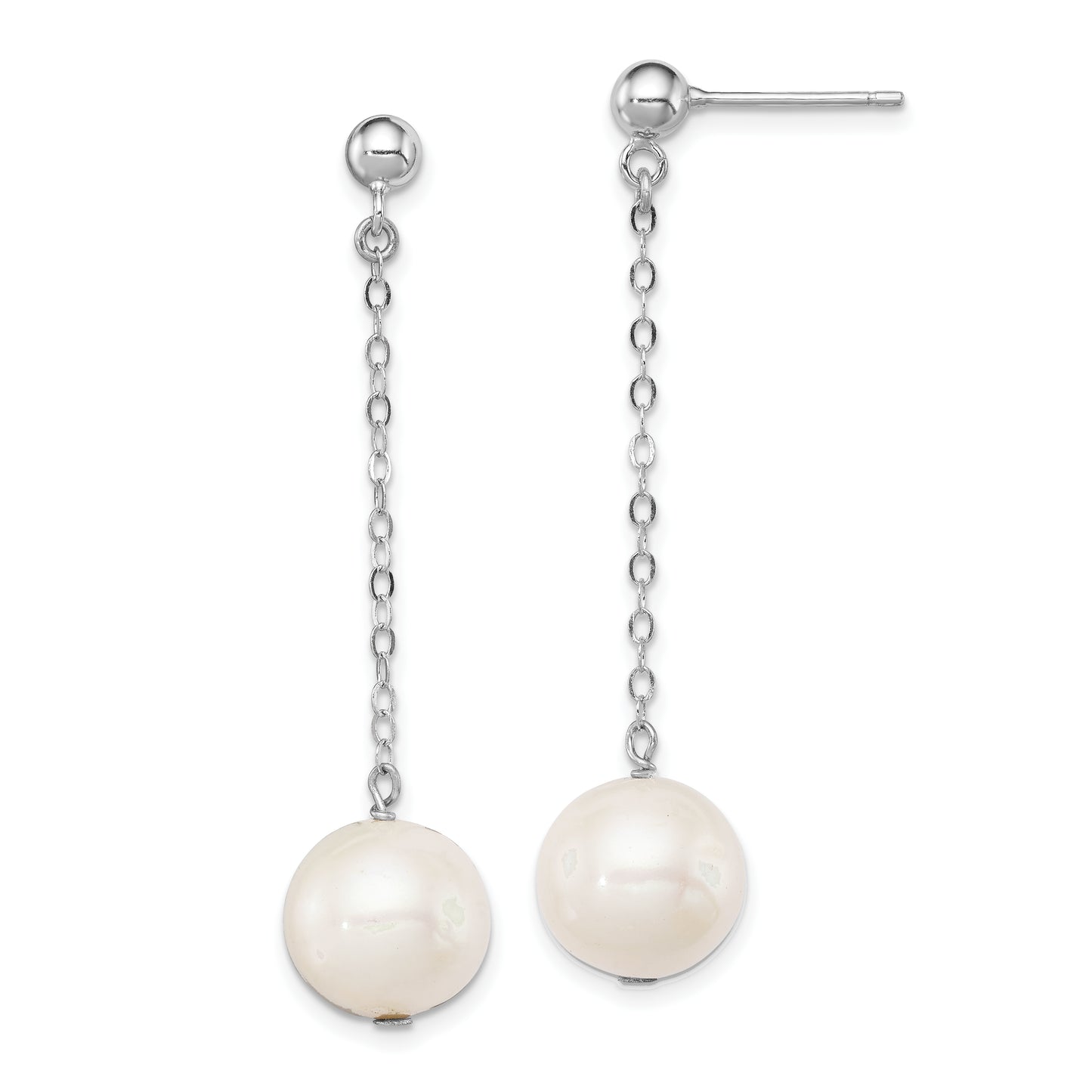 Sterling Silver Rhodium-Plated 10-11mm Fwc Pearl Dangle Post Earrings