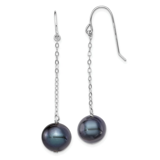 Sterling Silver Rhodium-Plated Polished 9-10mm Black Freshwater Cultured Pearl Dangle Earrings