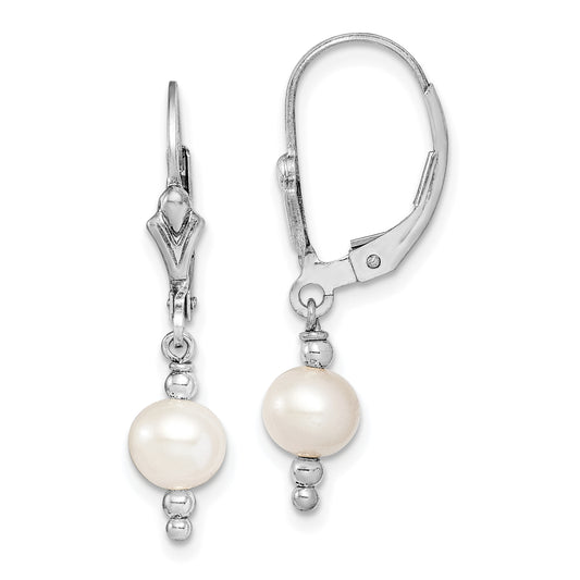 Sterling Silver Rhodium-Plated Polished White 6-7mm Freshwater Cultured Pearl Leverback Dangle Earrings