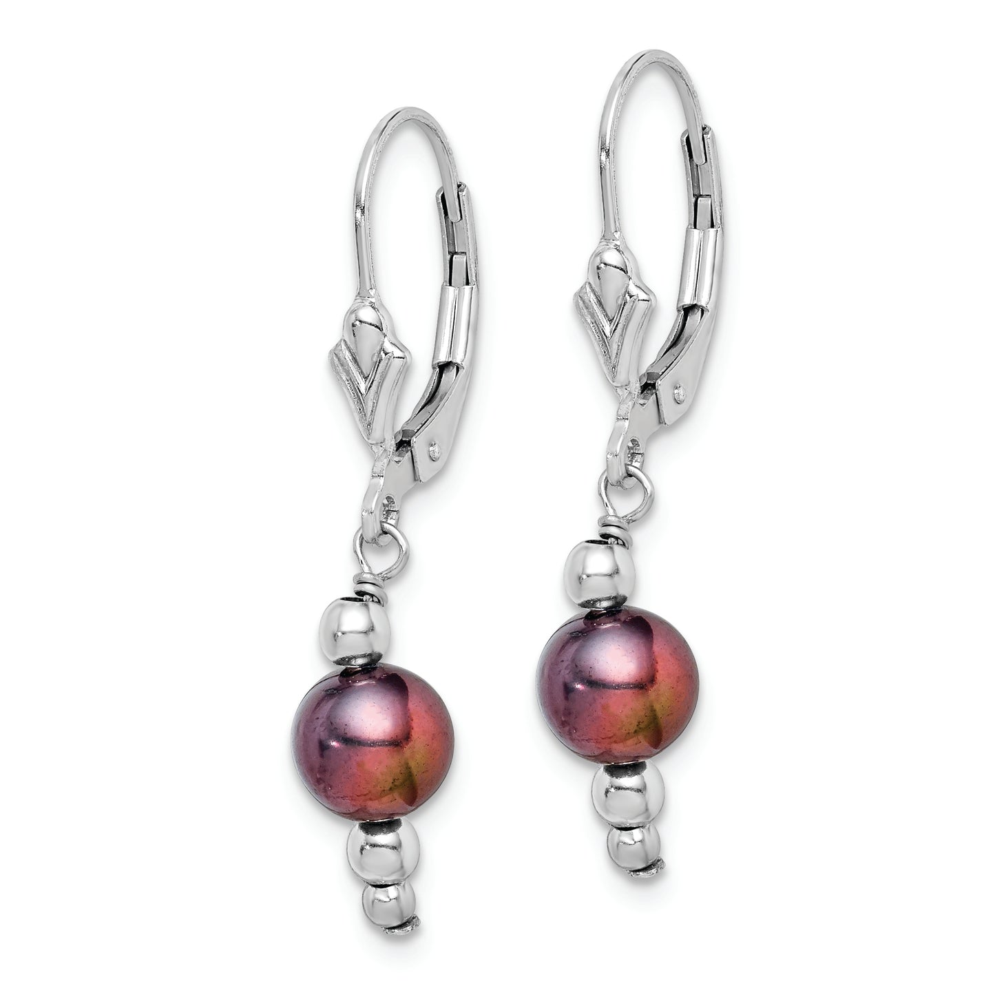 Sterling Silver Rhodium-Plated Polished 6-7mm Black Freshwater Cultured Pearl Leverback Dangle Earrings