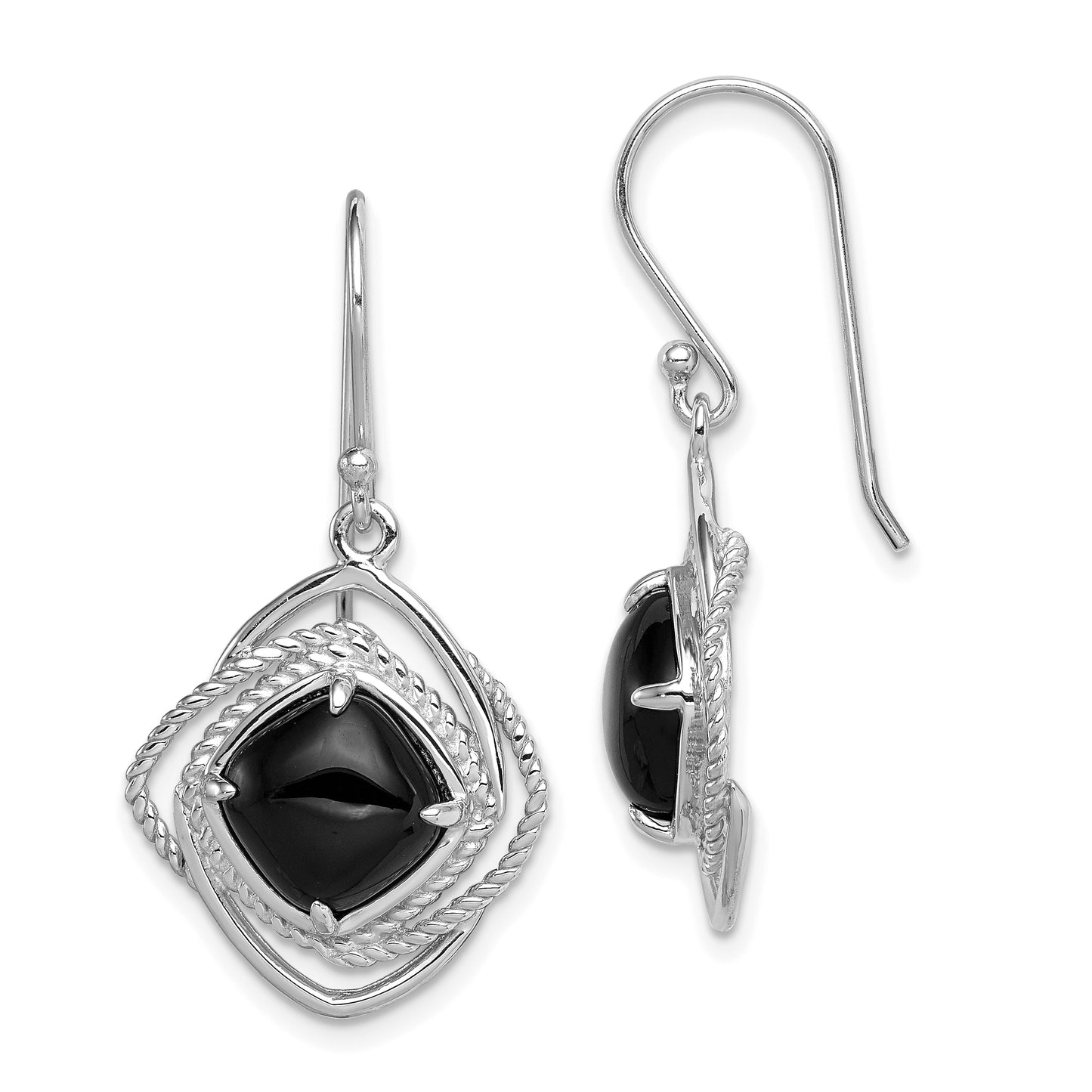 Sterling Silver Rhodium-Plated Polished & Twisted Onyx Dangle Earrings