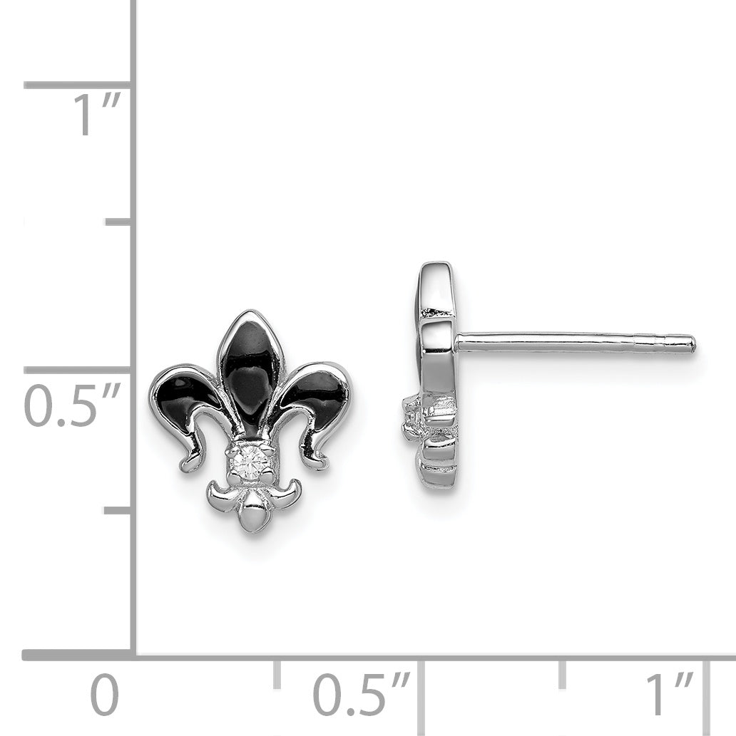 Sterling Silver Rhodium-Plated Cz & Enamel Fleur De Lis Post Earrings