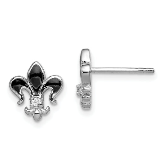 Sterling Silver Rhodium-Plated Cz & Enamel Fleur De Lis Post Earrings