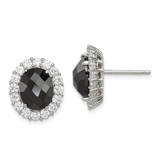 Sterling Silver Rhod-Plated Black/Clear Cz Oval Halo Post Earrings