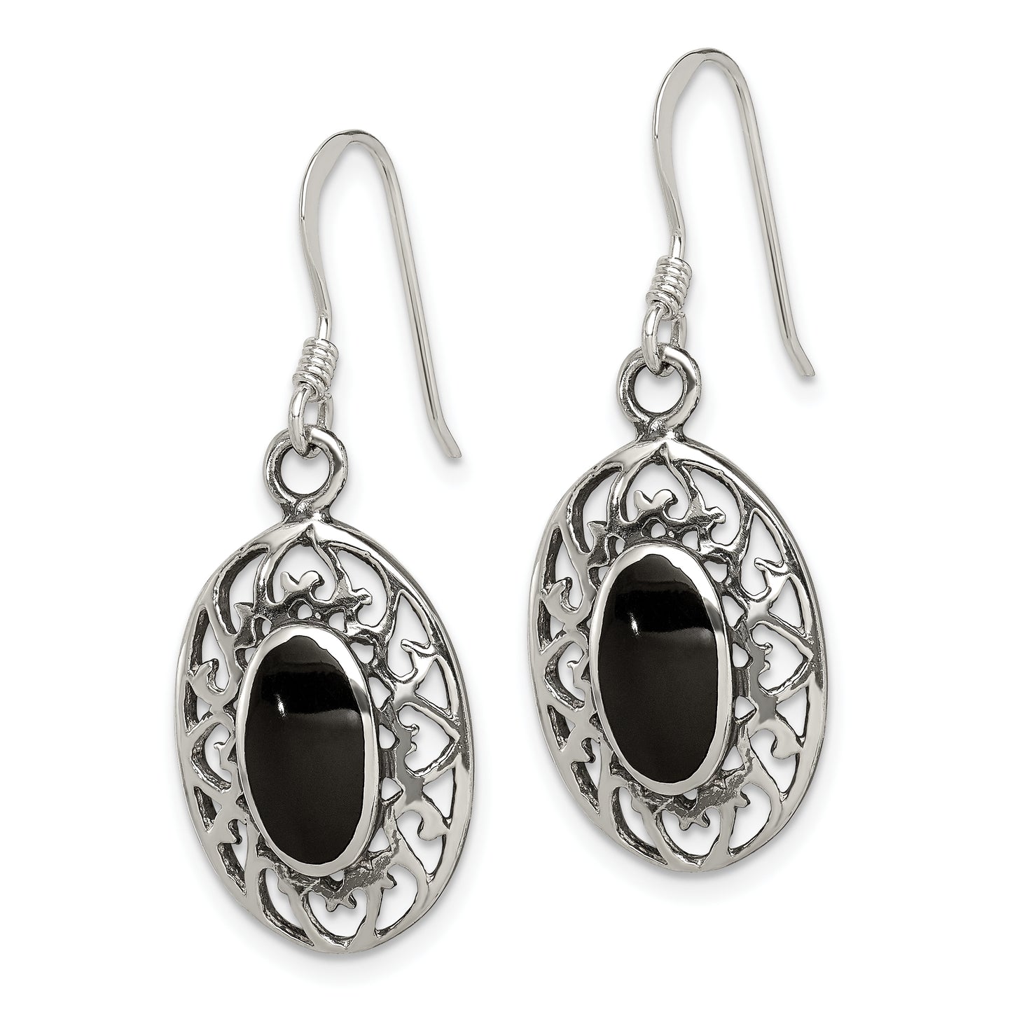 Sterling Silver Polished/Antiqued Filigree Black Agate Oval Dangle Earrings