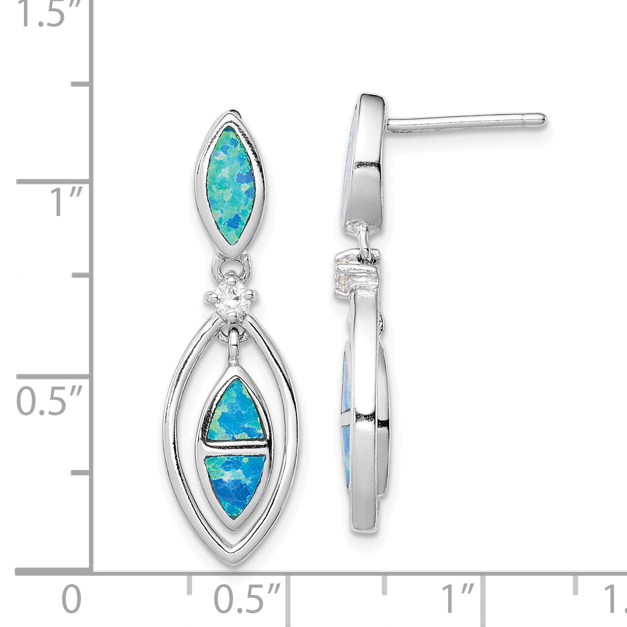 Sterling Silver Rh-Plated Cz & Blue Cr. Opal Marquise Post Dangle Earrings