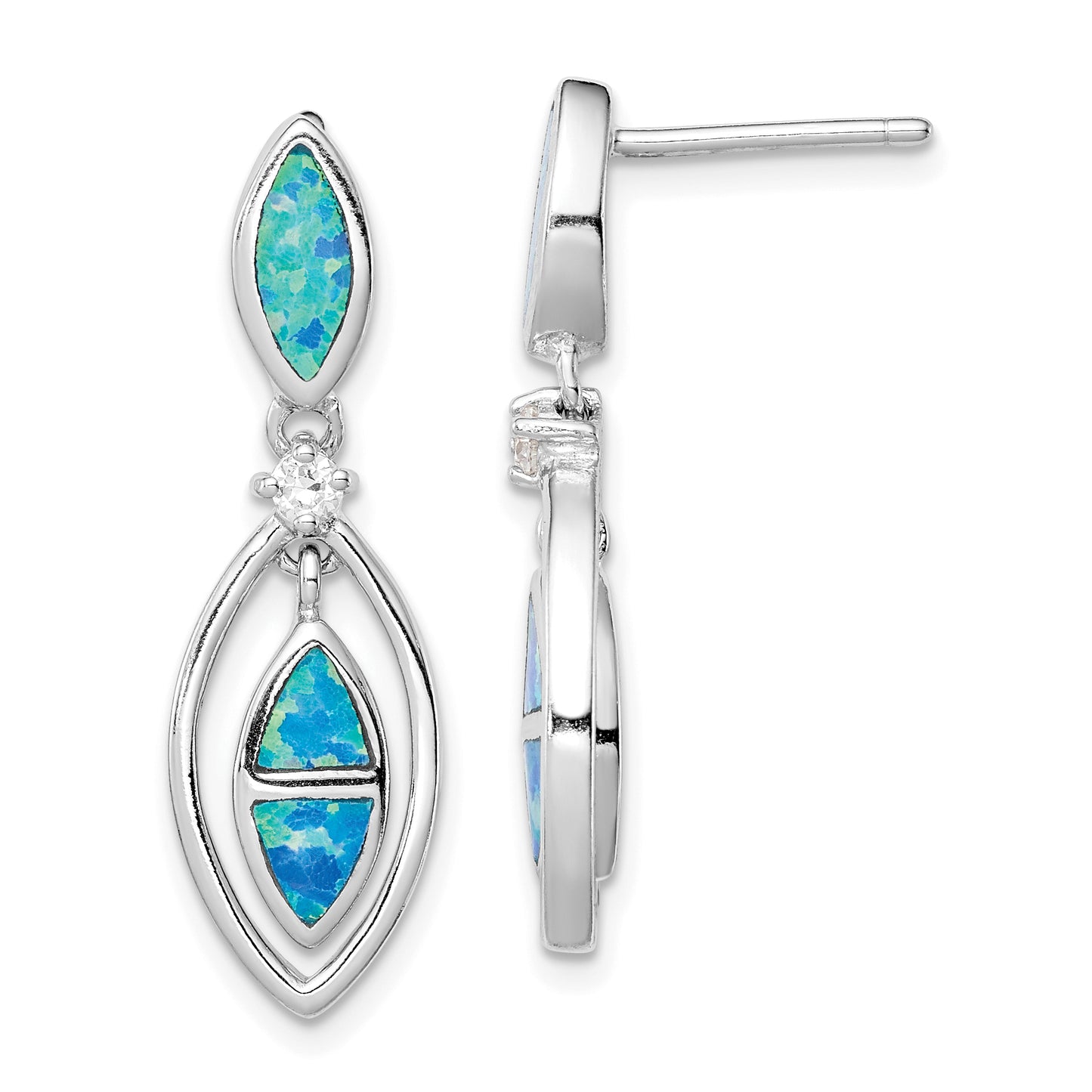 Sterling Silver Rh-Plated Cz & Blue Cr. Opal Marquise Post Dangle Earrings