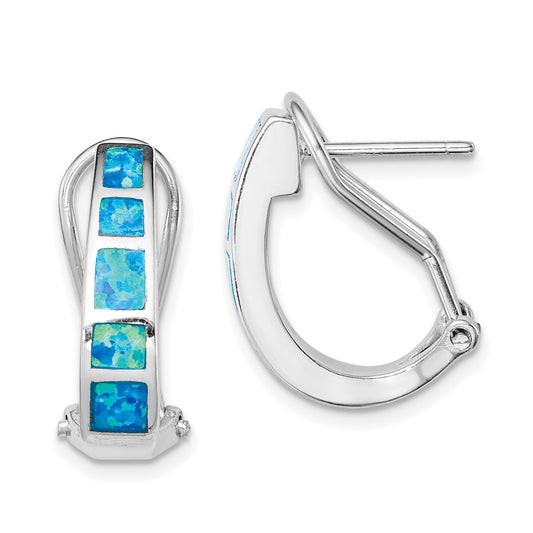 Sterling Silver Rhodium-Plated Polished Blue Created Opal Inlay J-Hoop Earrings