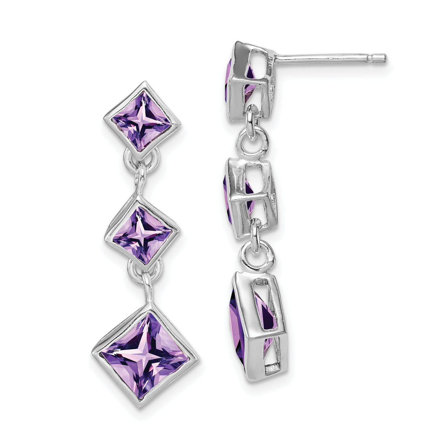 Sterling Silver Rhodium-Plated Polished Amethyst Post Dangle Earrings