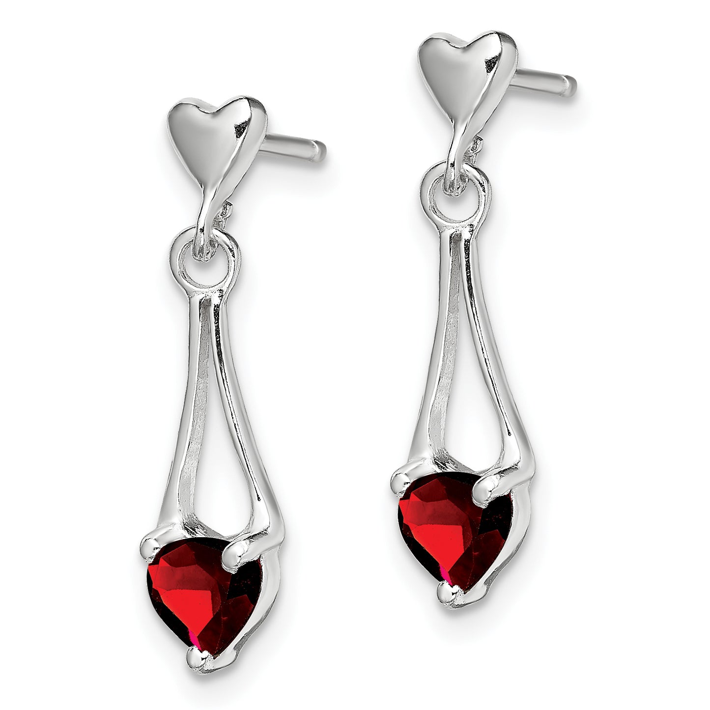 Sterling Silver Rhodium-Plated Polished Garnet Heart Post Dangle Earrings