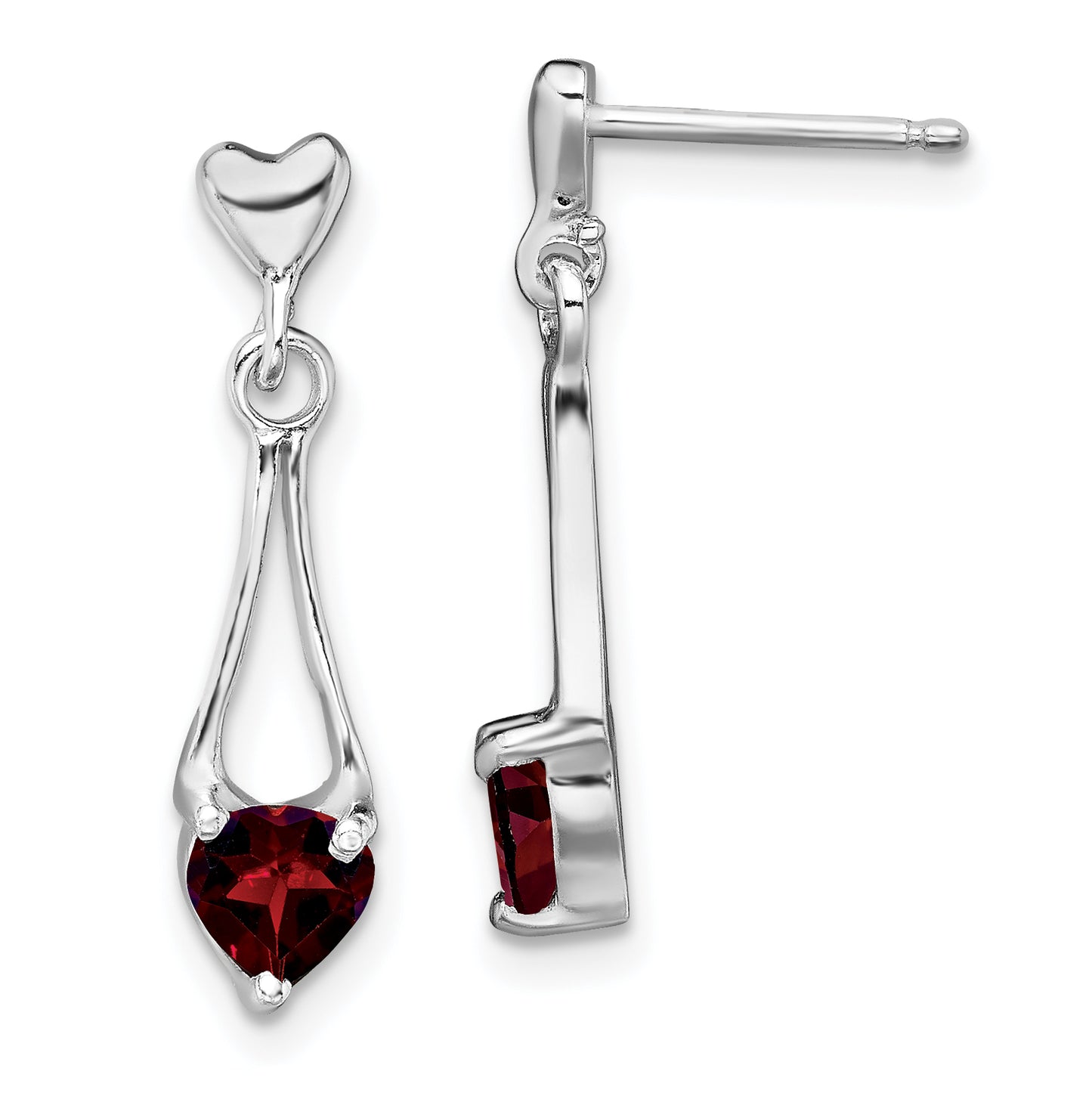 Sterling Silver Rhodium-Plated Polished Garnet Heart Post Dangle Earrings