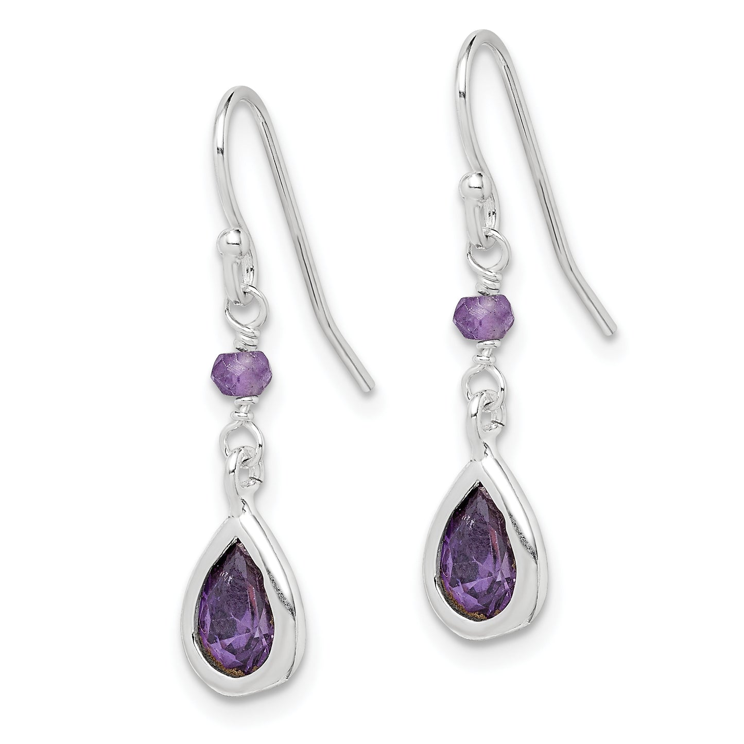 Sterling Silver Rhodium-Plated Polish Purple Cz Teardrop Dangle Earrings