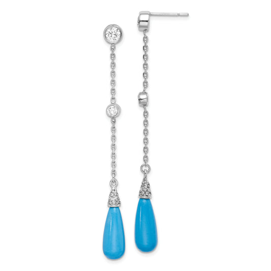 Sterling Silver Rhodium-Plated Turquoise And Cz Post Dangle Earrings