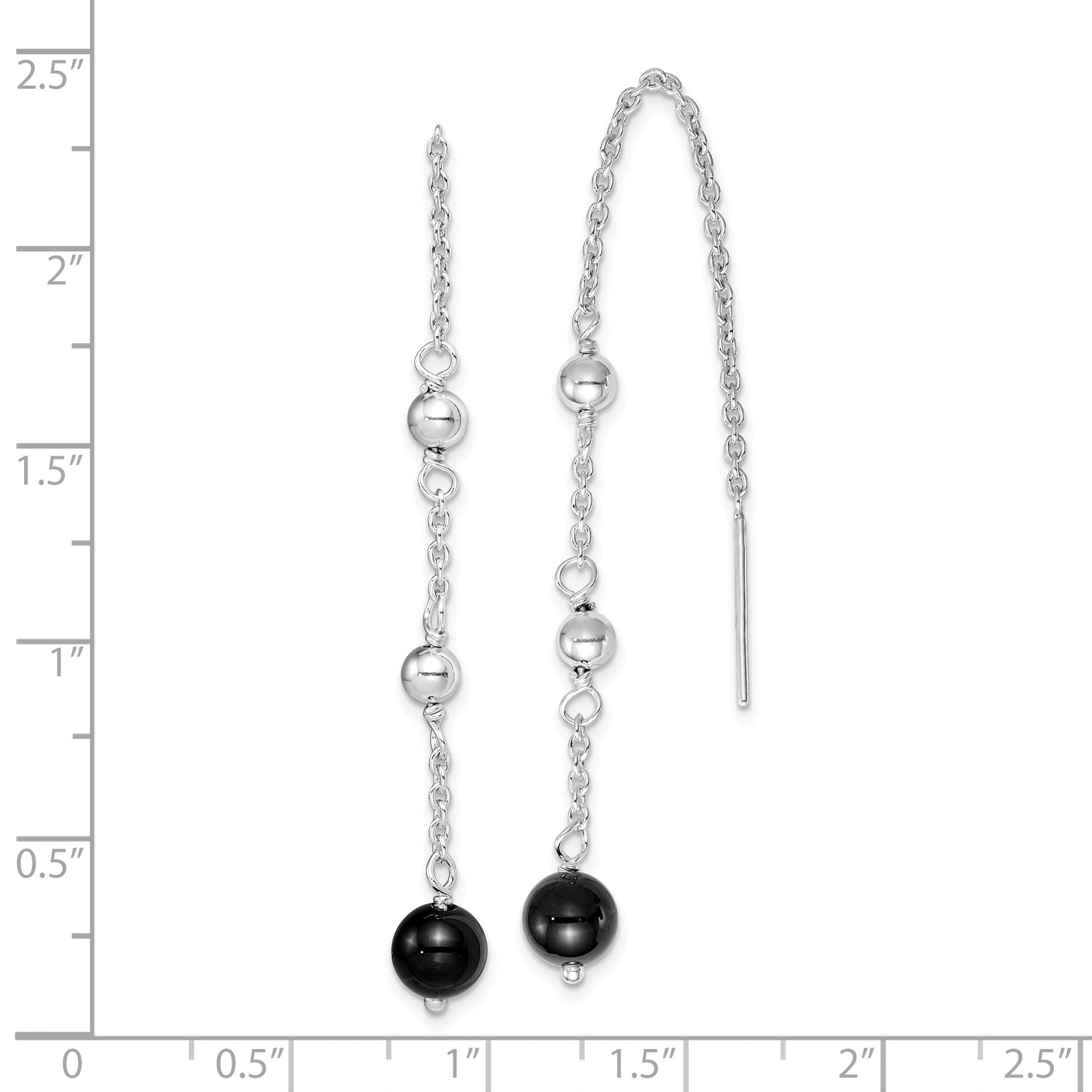 Sterling Silver Rh-Plated Polished & Beaded Black Onyx Threader Earrings