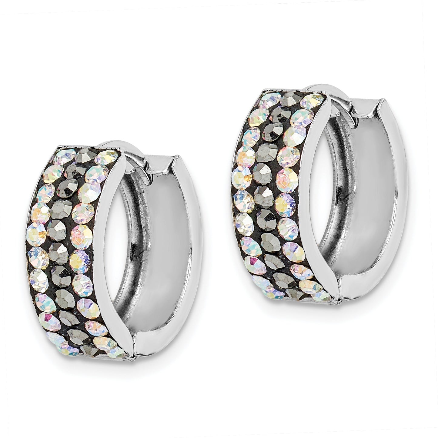 Sterling Silver Rhodium-Plated Grey/Rainbow Preciosa Hinged Hoop Earrings